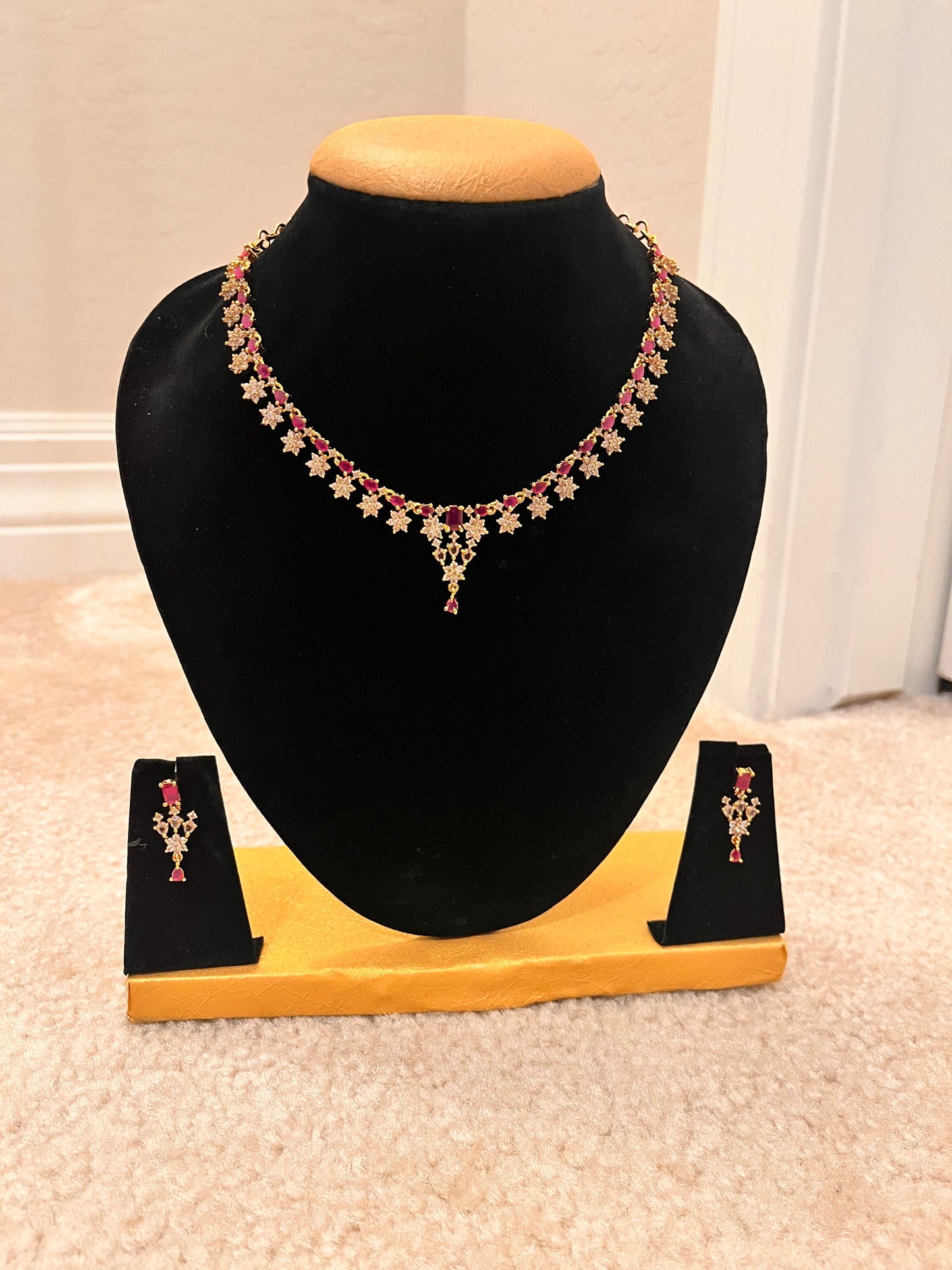 Gold Plated And Pink Stoned Necklace With Earrings Near Me