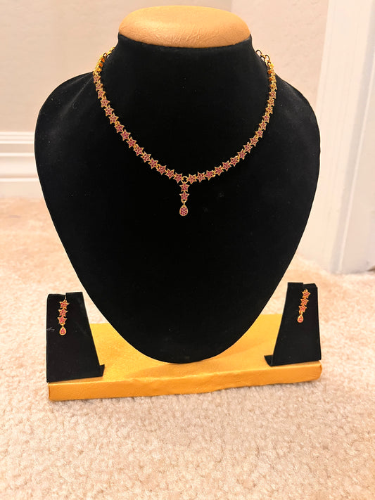 Fabulous Gold Plated And Pink Stone With Star Designed Necklace Set For Women