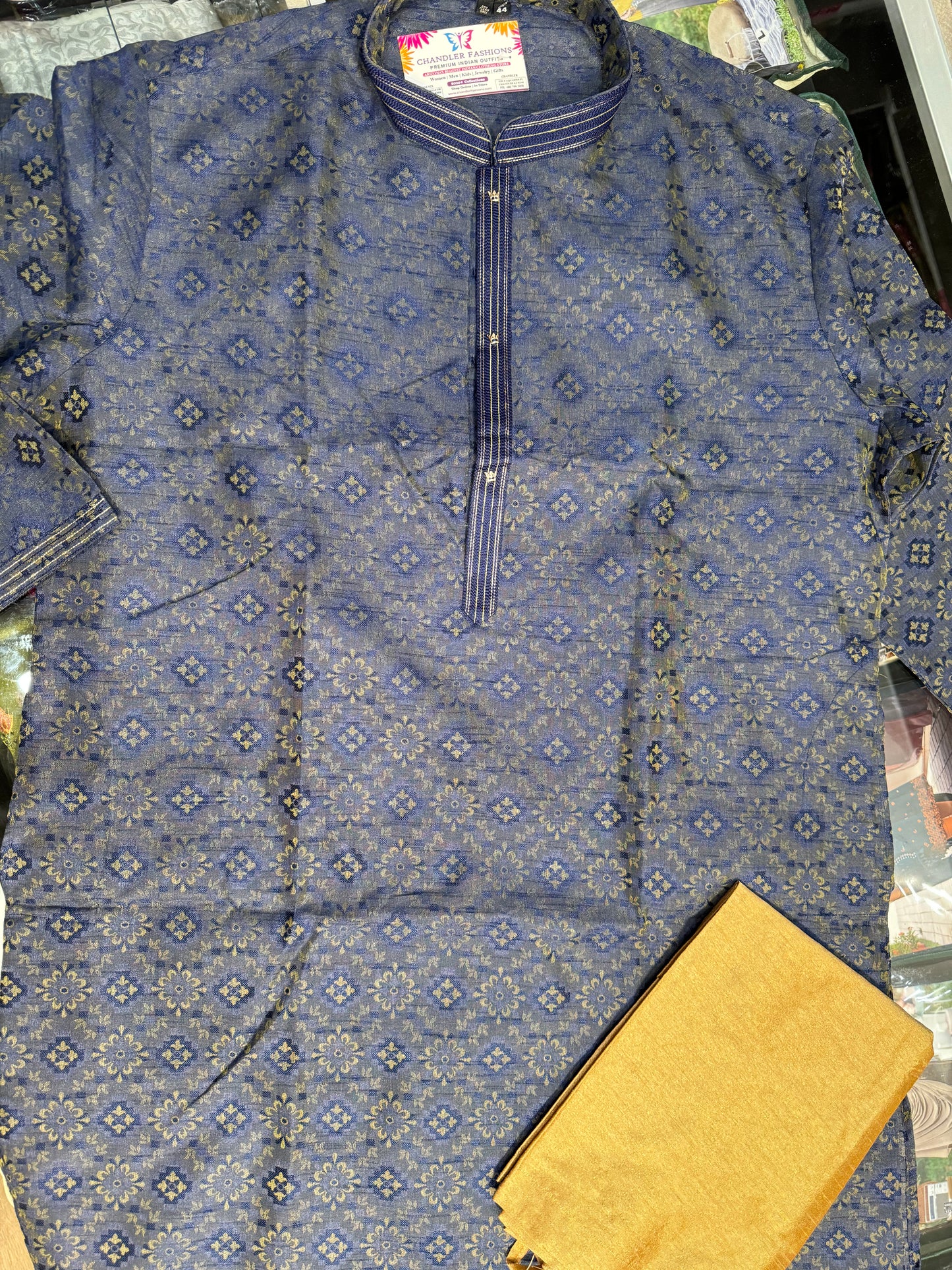 Attractive Blue Color Jacquard Floral Designed Kurta Set For Men