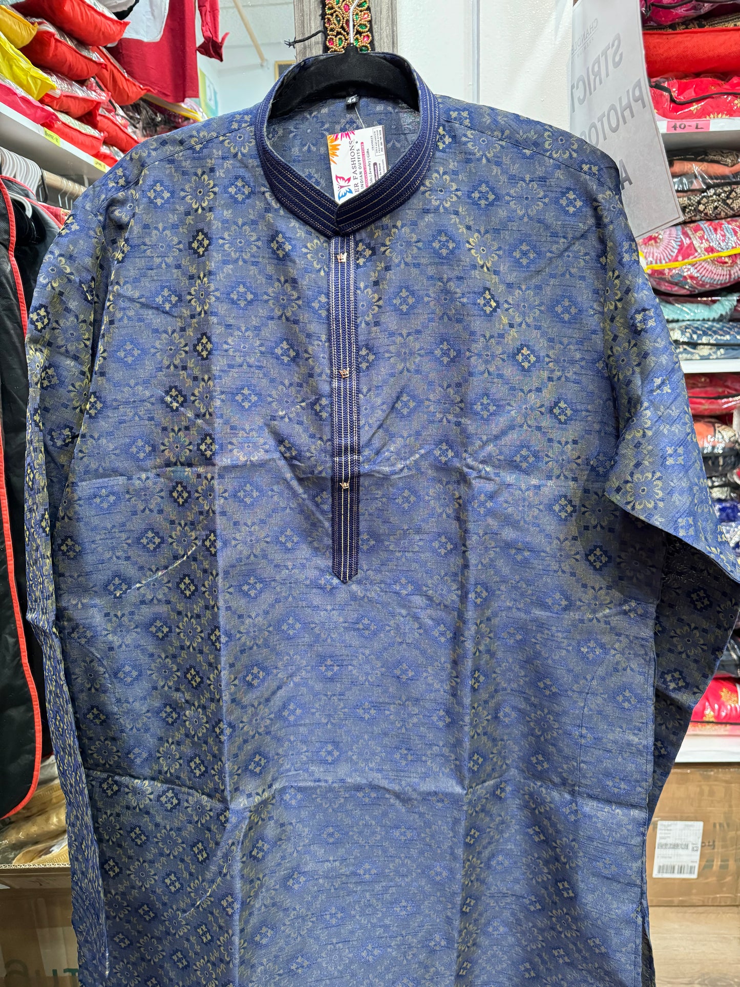 Attractive Blue Color Jacquard Floral Designed Kurta Set For Men