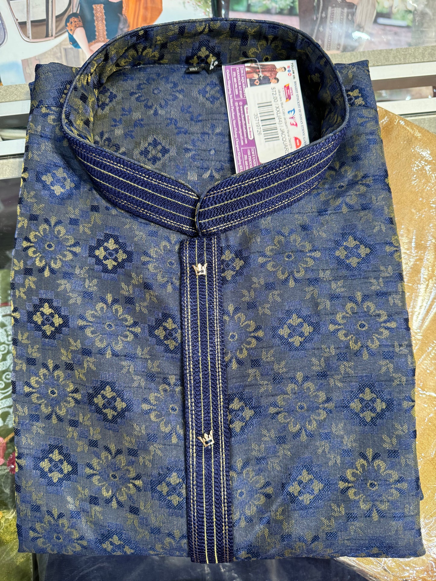 Attractive Blue Color Jacquard Floral Designed Kurta Set For Men