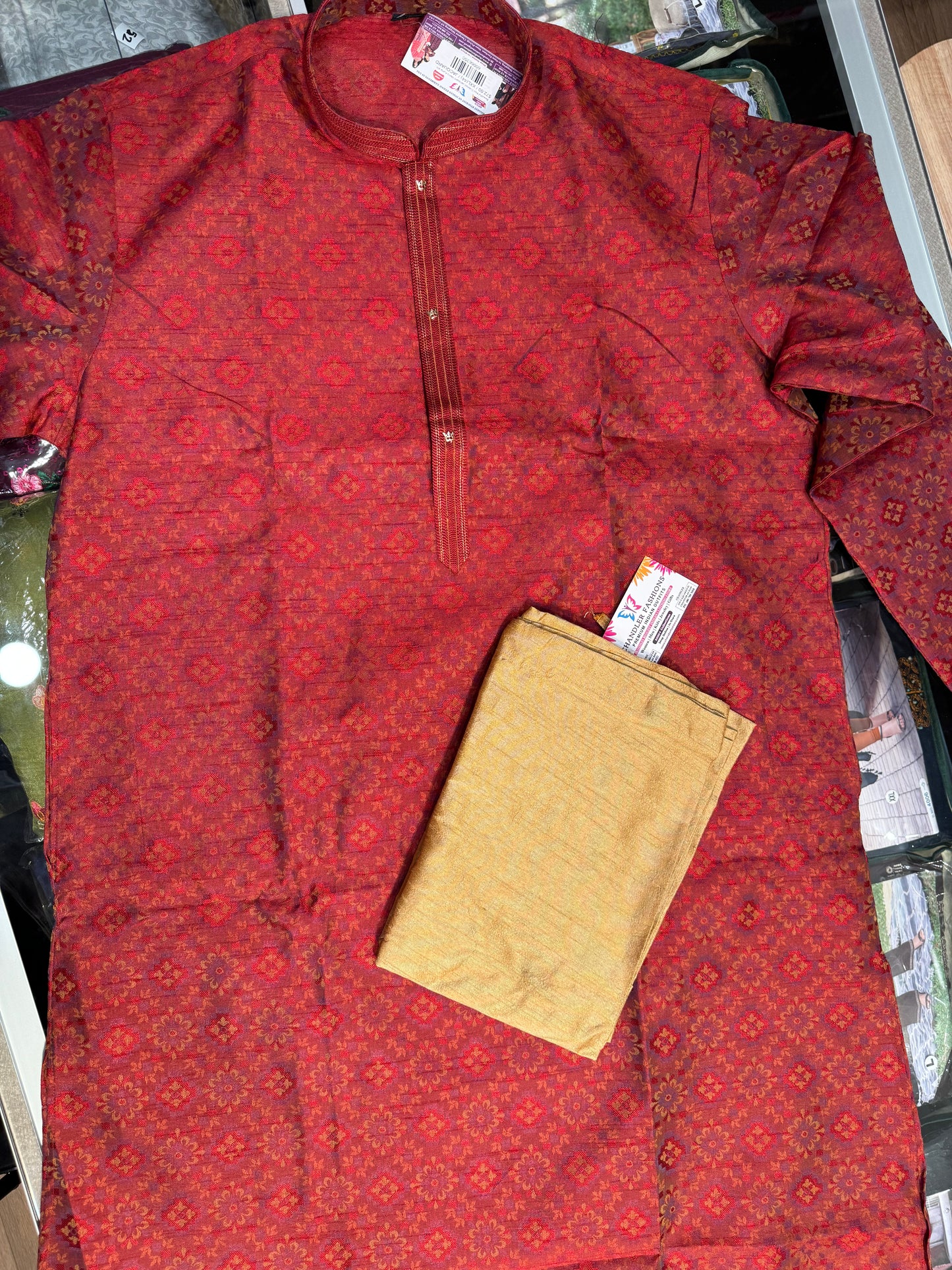 Beautiful Red Colored Jacquard Men's Kurta With Floral Printed Work