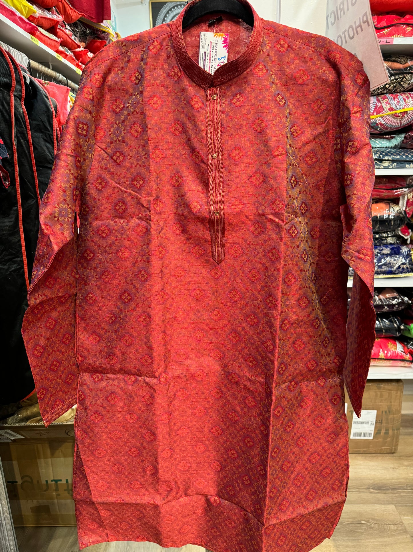 Beautiful Red Colored Jacquard Men's Kurta With Floral Printed Work