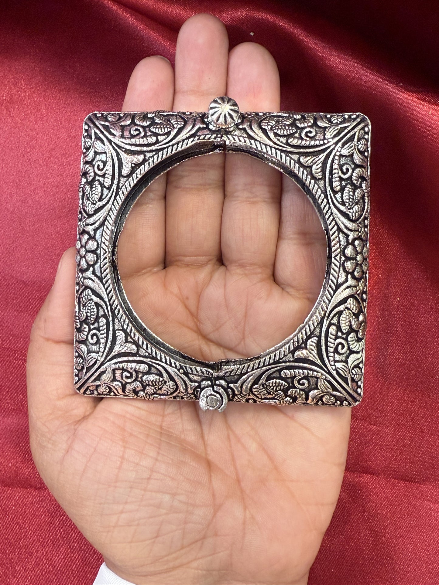 Beautiful Tribal Oxidized Silver Ethnic Open Bridal Square Design Kada Cuff Bracelet