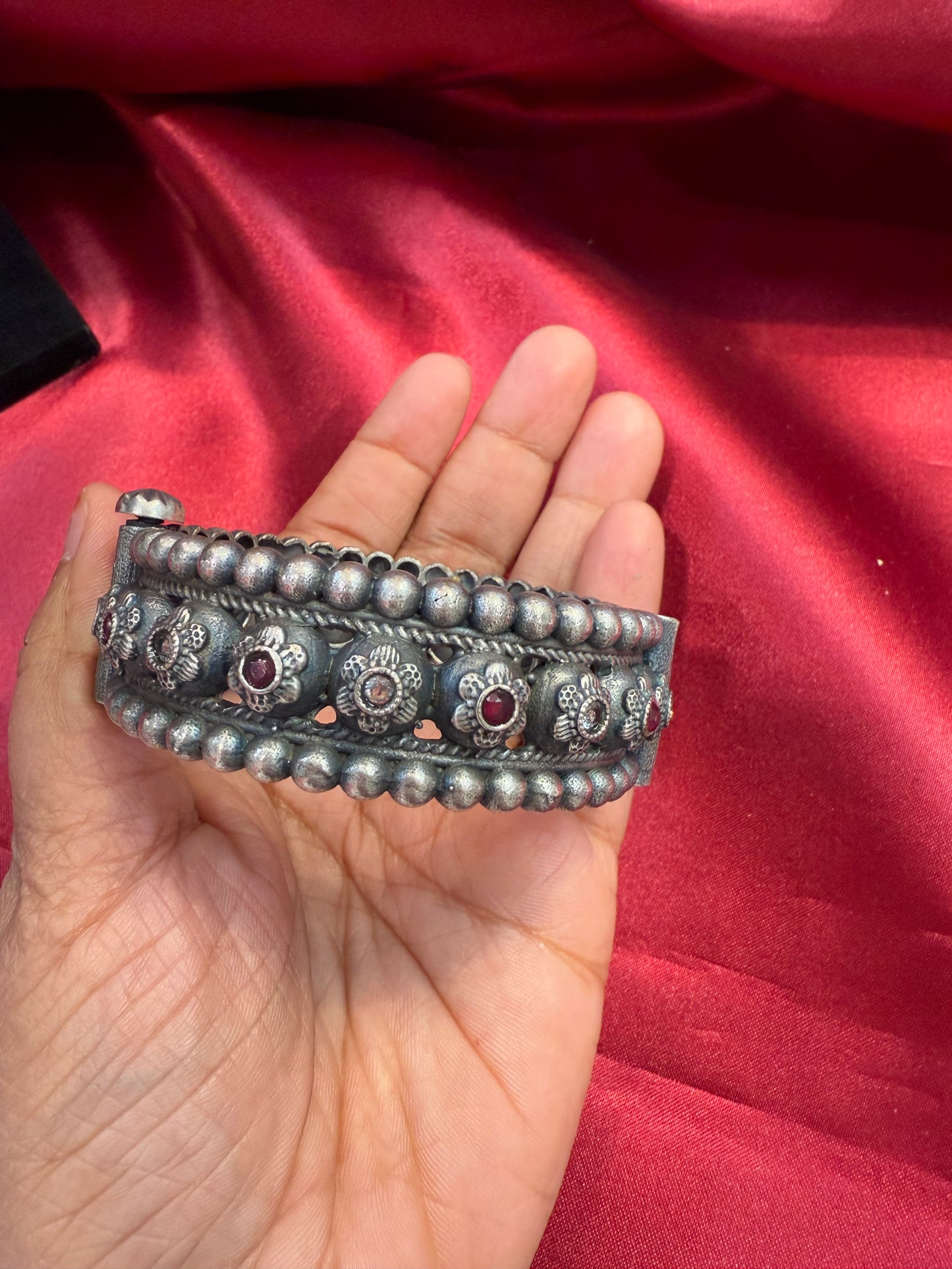 Fascinating Tribal Oxidized Silver Ethnic Open Bridal Kada Cuff Bracelet With Maroon And White Stone