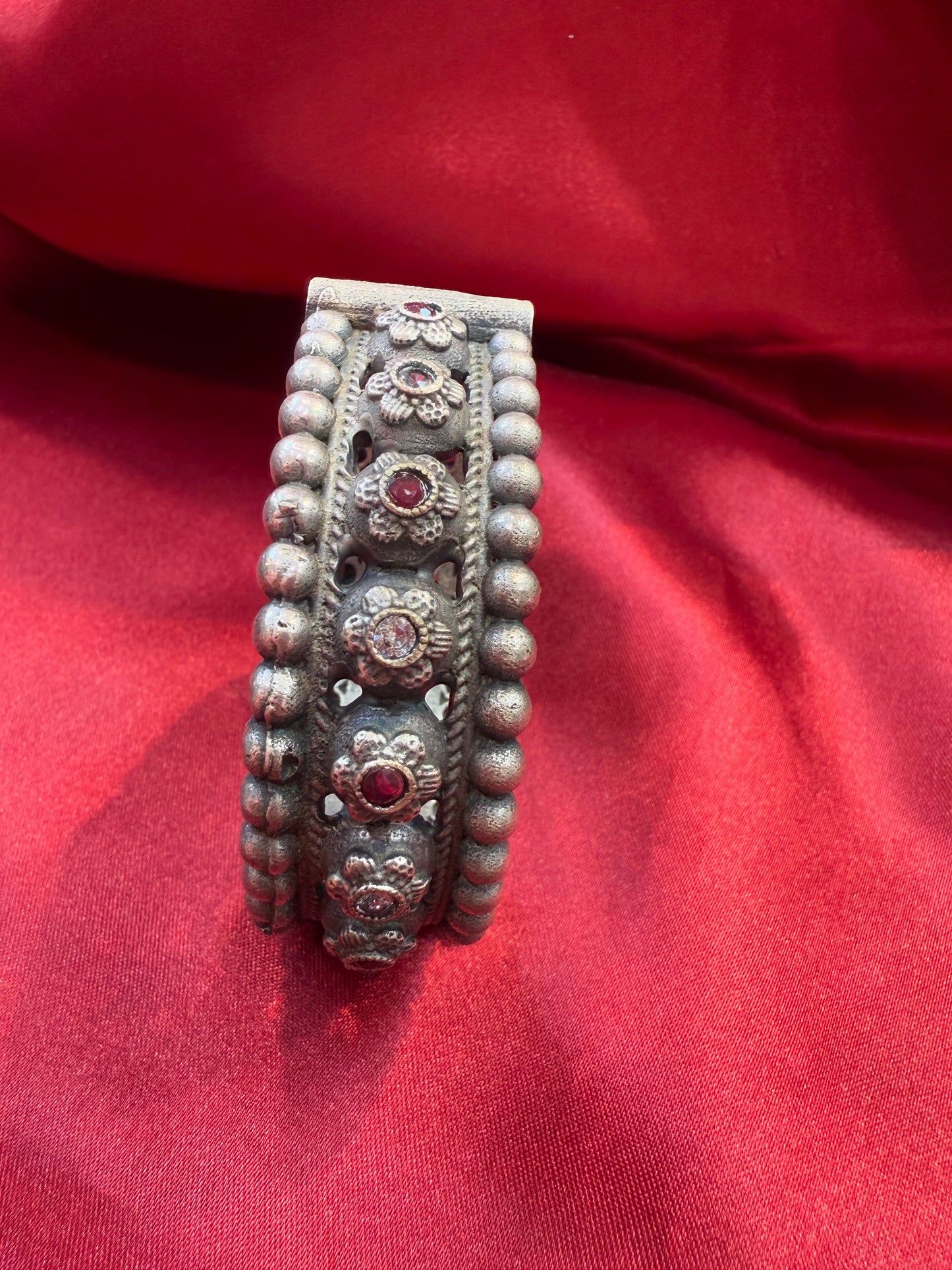 Fascinating Tribal Oxidized Silver Ethnic Open Bridal Kada Cuff Bracelet With Maroon And White Stone