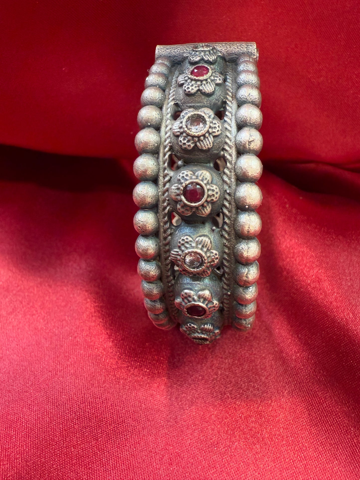 Fascinating Tribal Oxidized Silver Ethnic Open Bridal Kada Cuff Bracelet With Maroon And White Stone