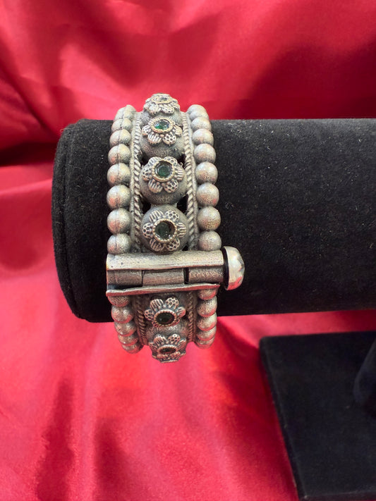 Fascinating Tribal Oxidized Silver Ethnic Open Bridal Kada Cuff Bracelet With Green Stone