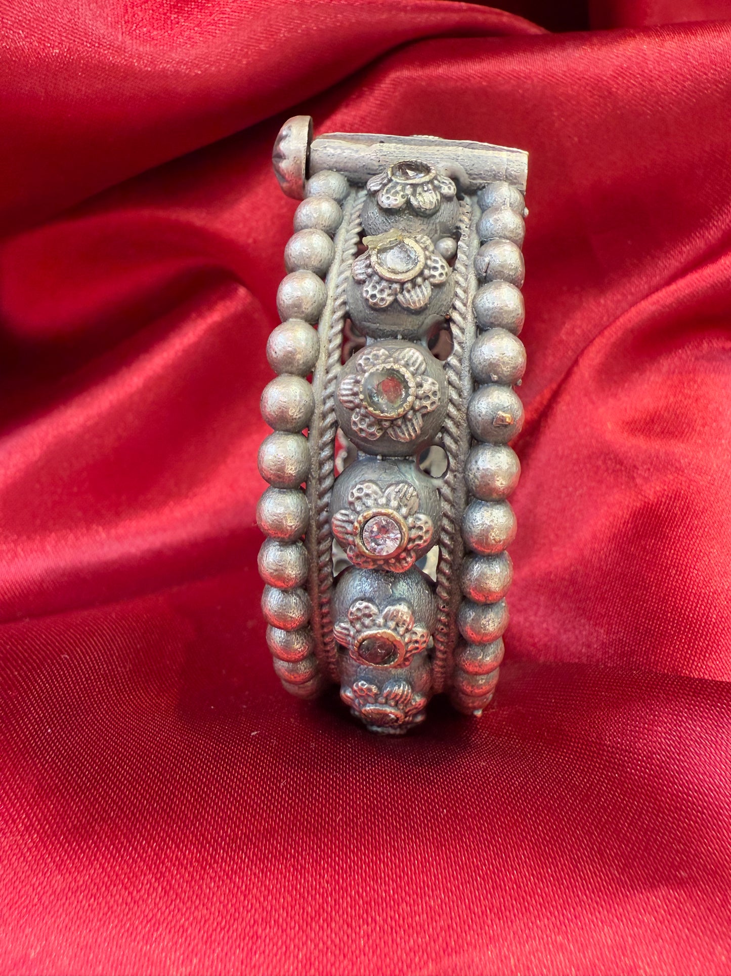 Trendy Tribal Oxidized Silver Ethnic Open Bridal Kada Cuff Bracelet With White Stone