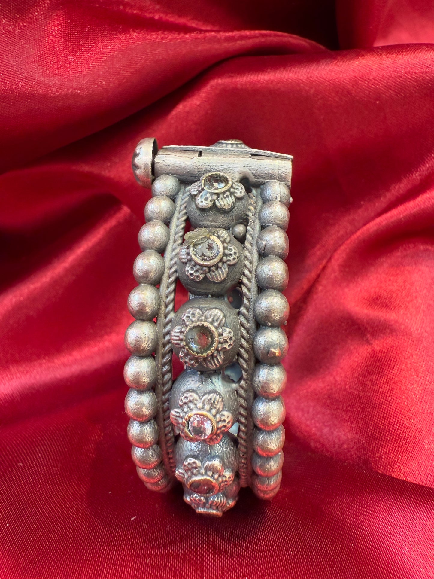 Trendy Tribal Oxidized Silver Ethnic Open Bridal Kada Cuff Bracelet With White Stone