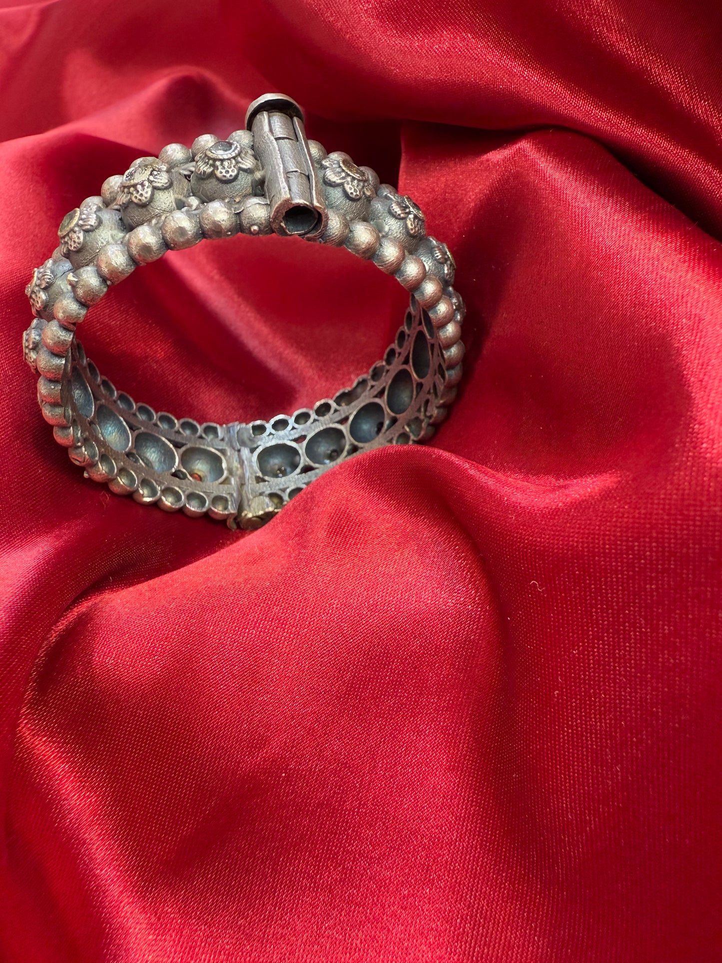 Trendy Tribal Oxidized Silver Ethnic Open Bridal Kada Cuff Bracelet With White Stone