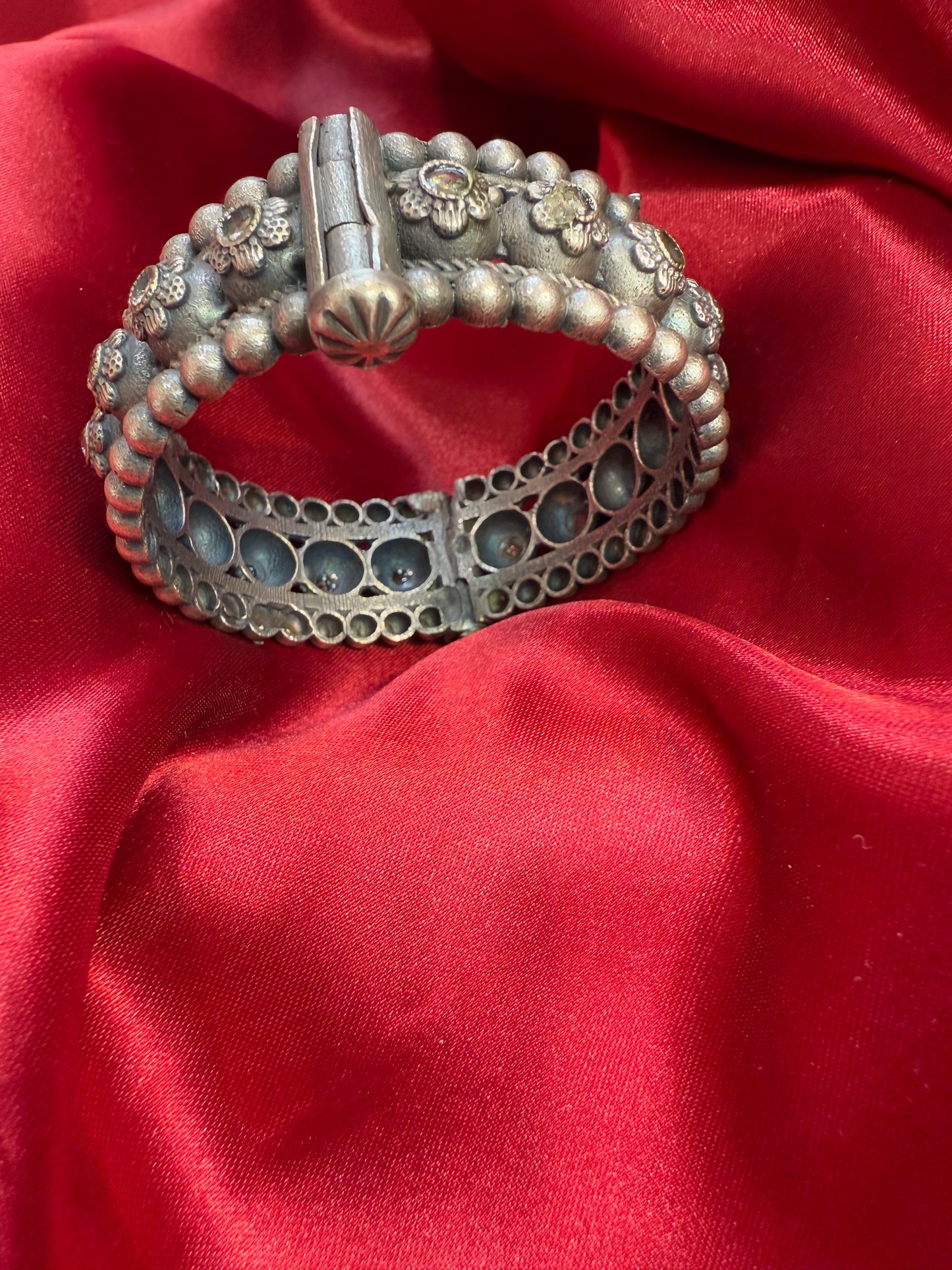 Trendy Tribal Oxidized Silver Ethnic Open Bridal Kada Cuff Bracelet With White Stone