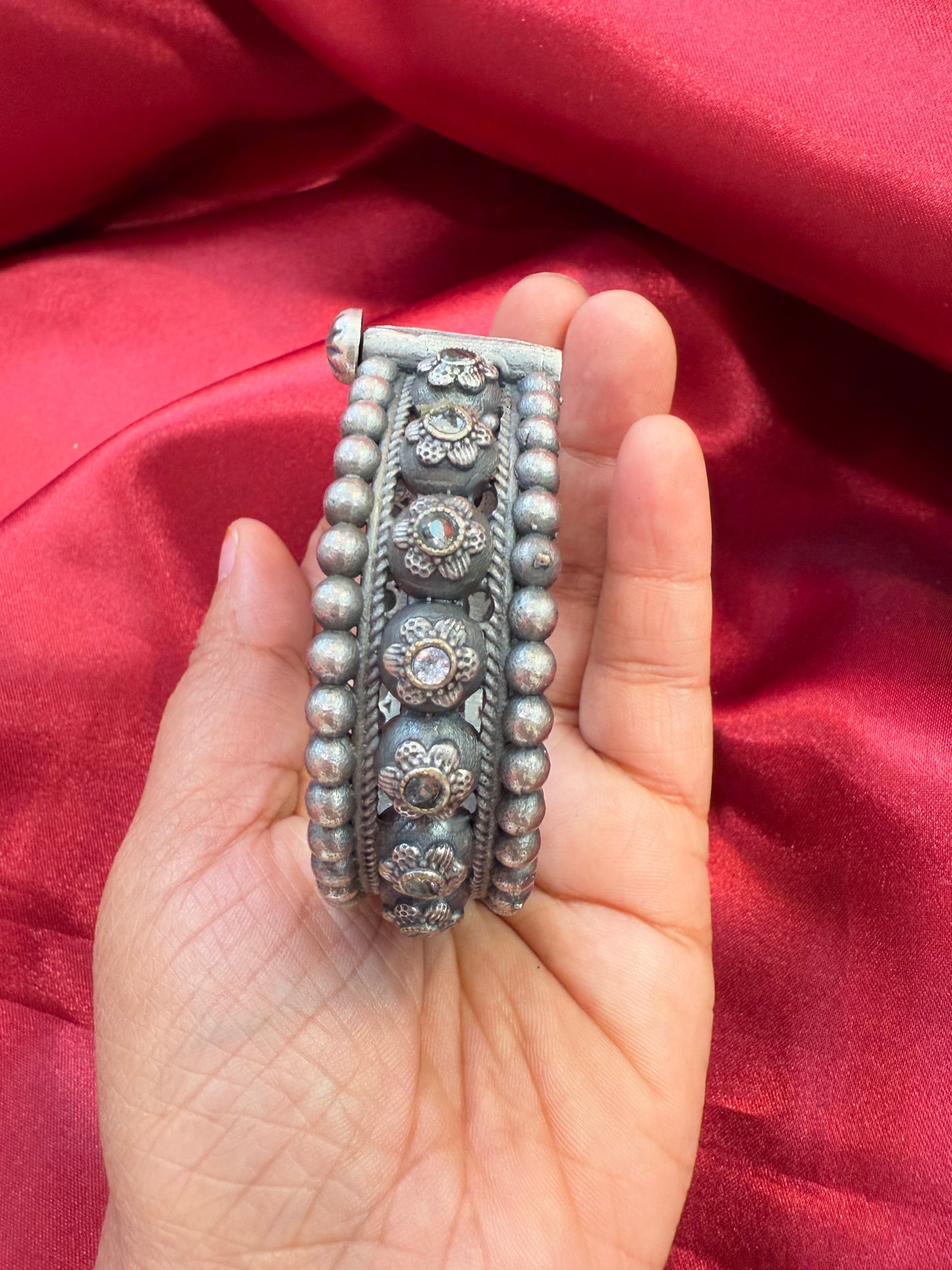 Trendy Tribal Oxidized Silver Ethnic Open Bridal Kada Cuff Bracelet With White Stone