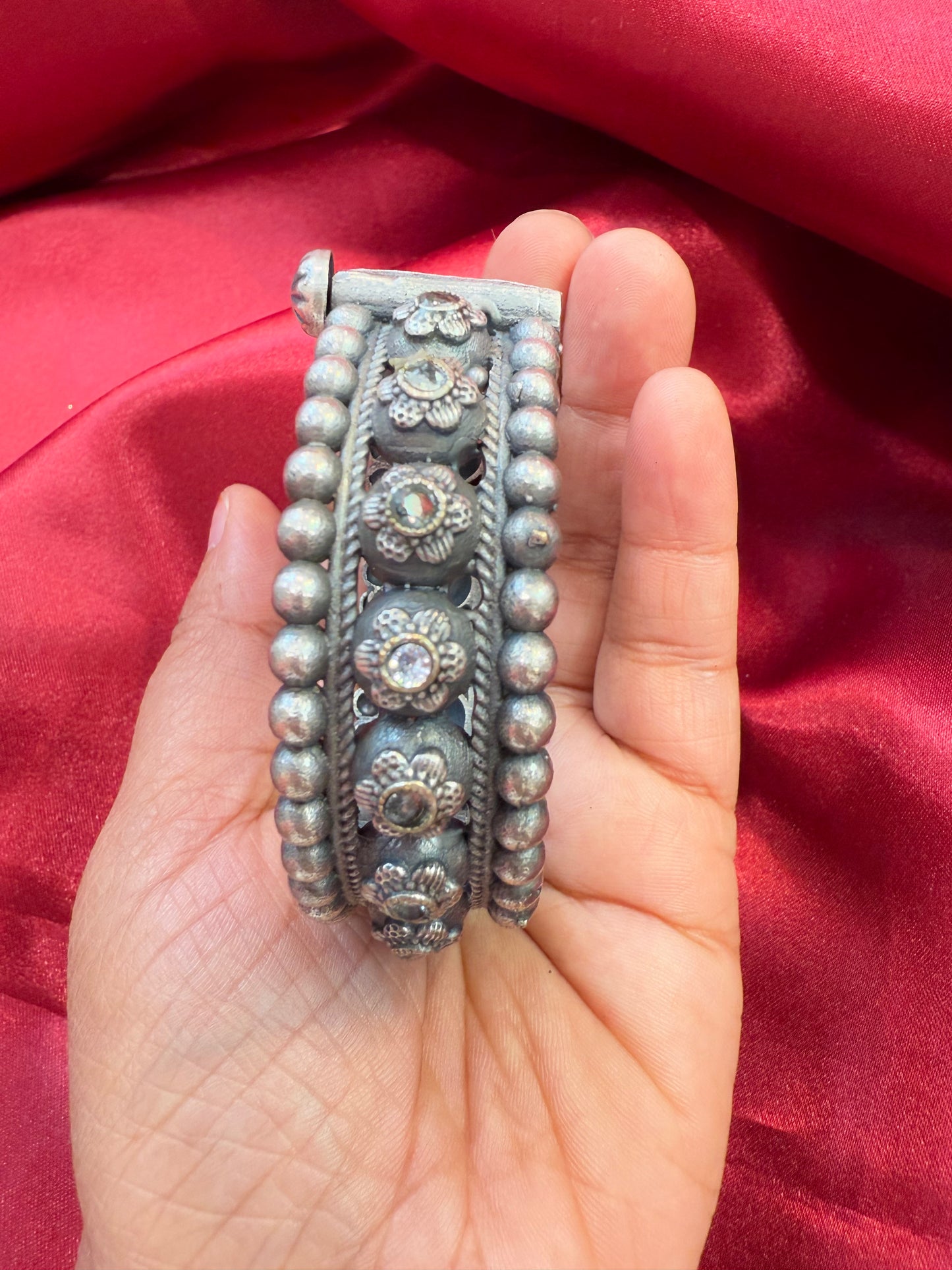 Trendy Tribal Oxidized Silver Ethnic Open Bridal Kada Cuff Bracelet With White Stone