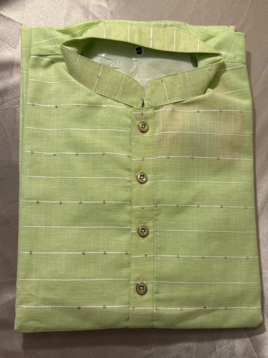 Beautiful Bright Green Color Cotton Men's Kurta With Pajama Pant