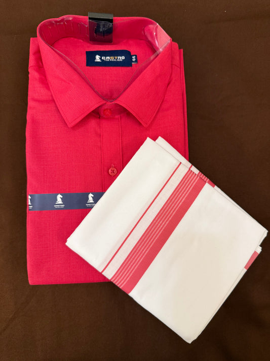 Beautiful Dark Pink Color Mens Cotton Shirt With Border Dhoti