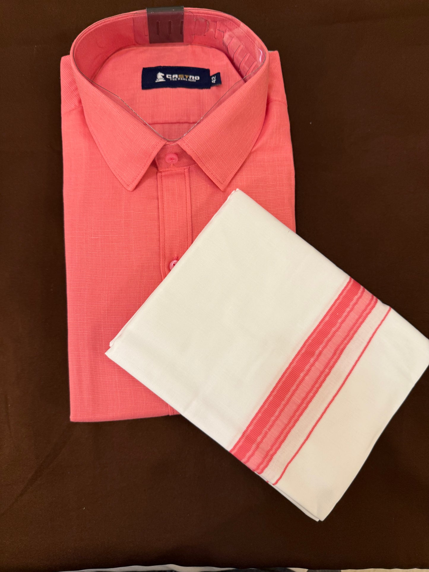 Beautiful Light Pink Color Mens Cotton Shirt With Border Dhoti