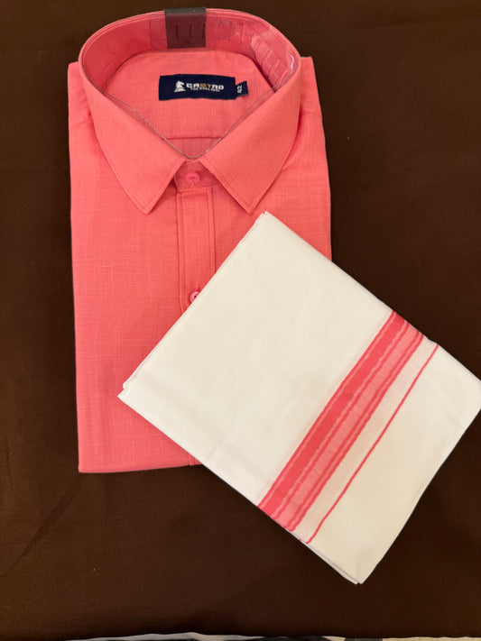 Beautiful Light Pink Color Mens Cotton Shirt With Border Dhoti