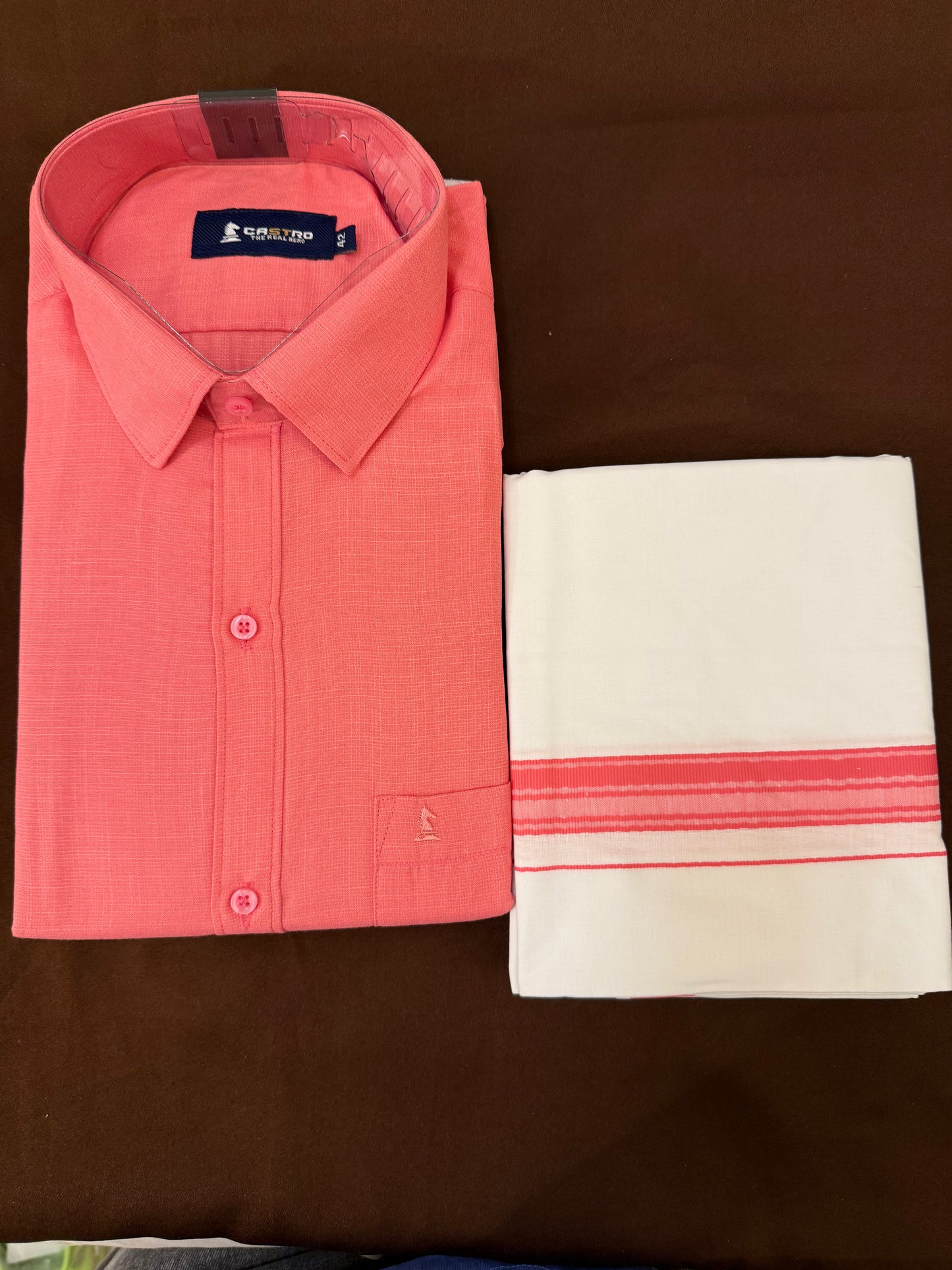 Beautiful Light Pink Color Mens Cotton Shirt With Border Dhoti