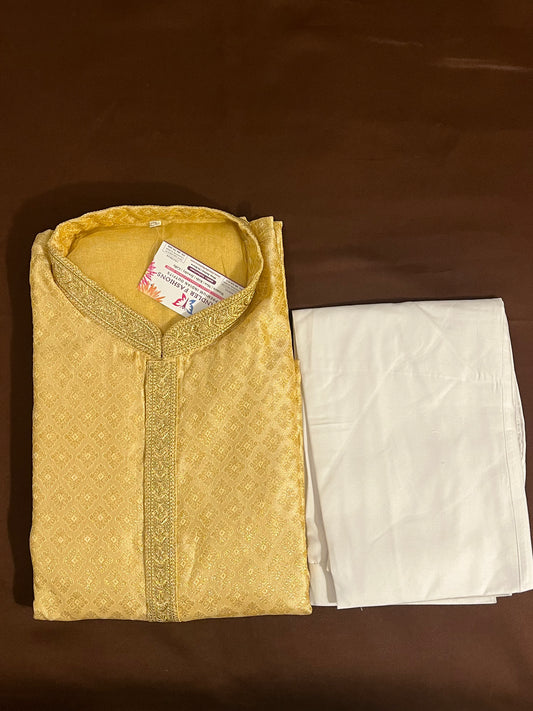 Charming Gold Color Zari Brocade With Linning Embroidery Work Kurta Pajama Pant For Men