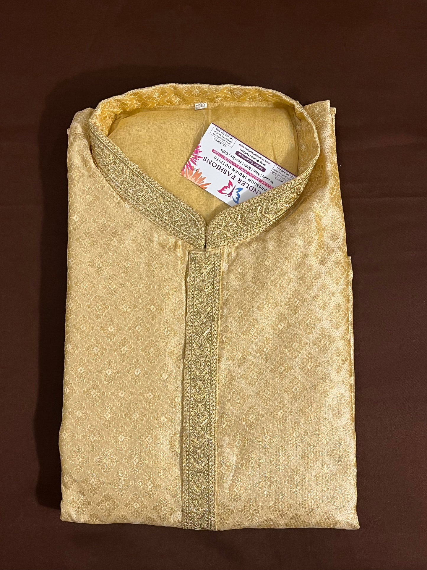 Charming Gold Color Zari Brocade With Linning Embroidery Work Kurta Pajama Pant For Men