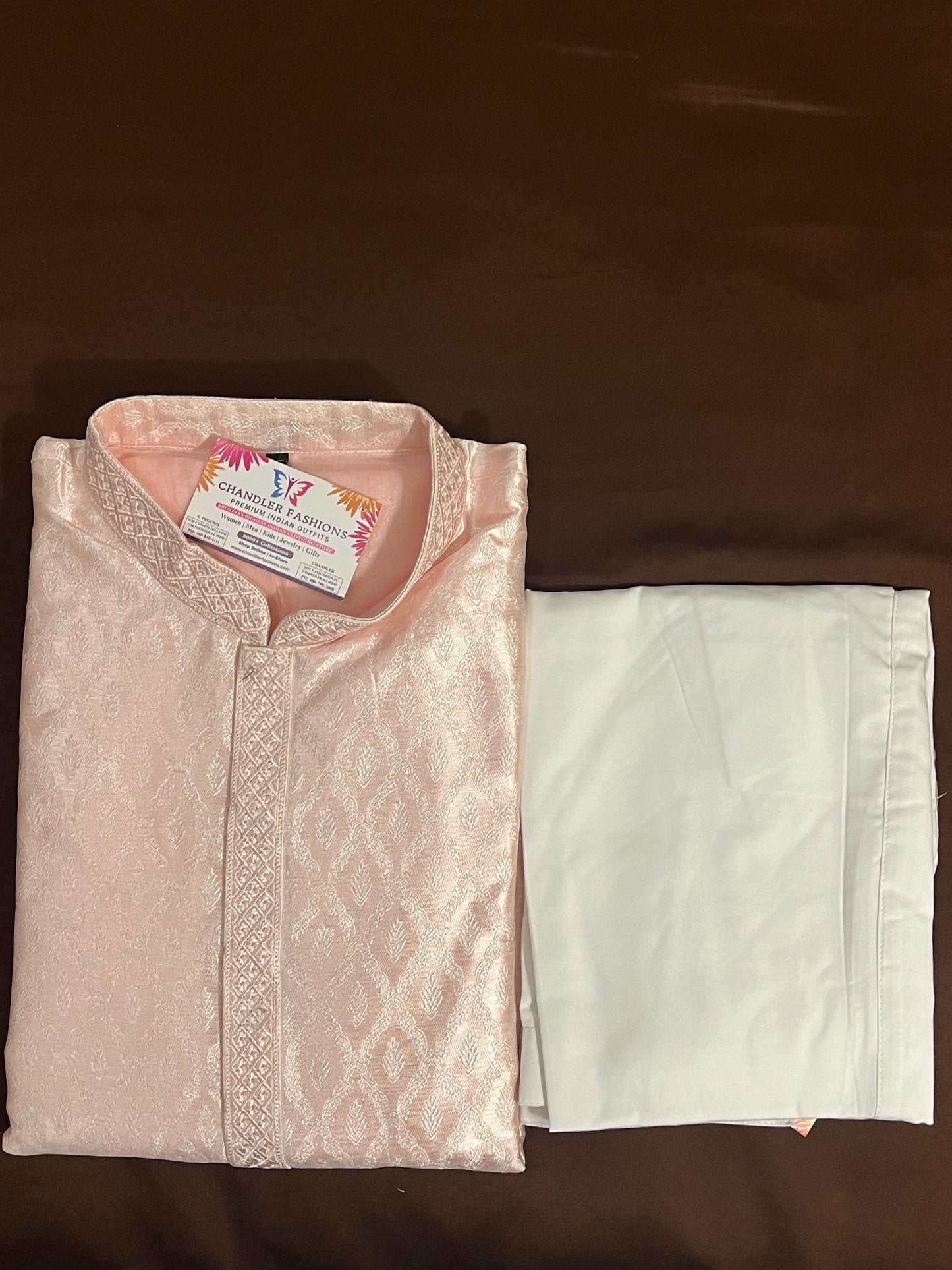 Elegant Light Pink Color Full Sleeve Embroidery Work Kurta Pajama Set For Men