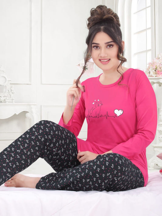 Women's Soft Long Sleeve Printed Cotton Pink And Black Pajama Set