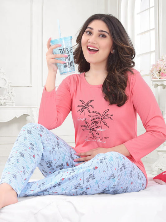 Women's Soft Long Sleeve Printed Cotton Coral Pink And White Pajama Set