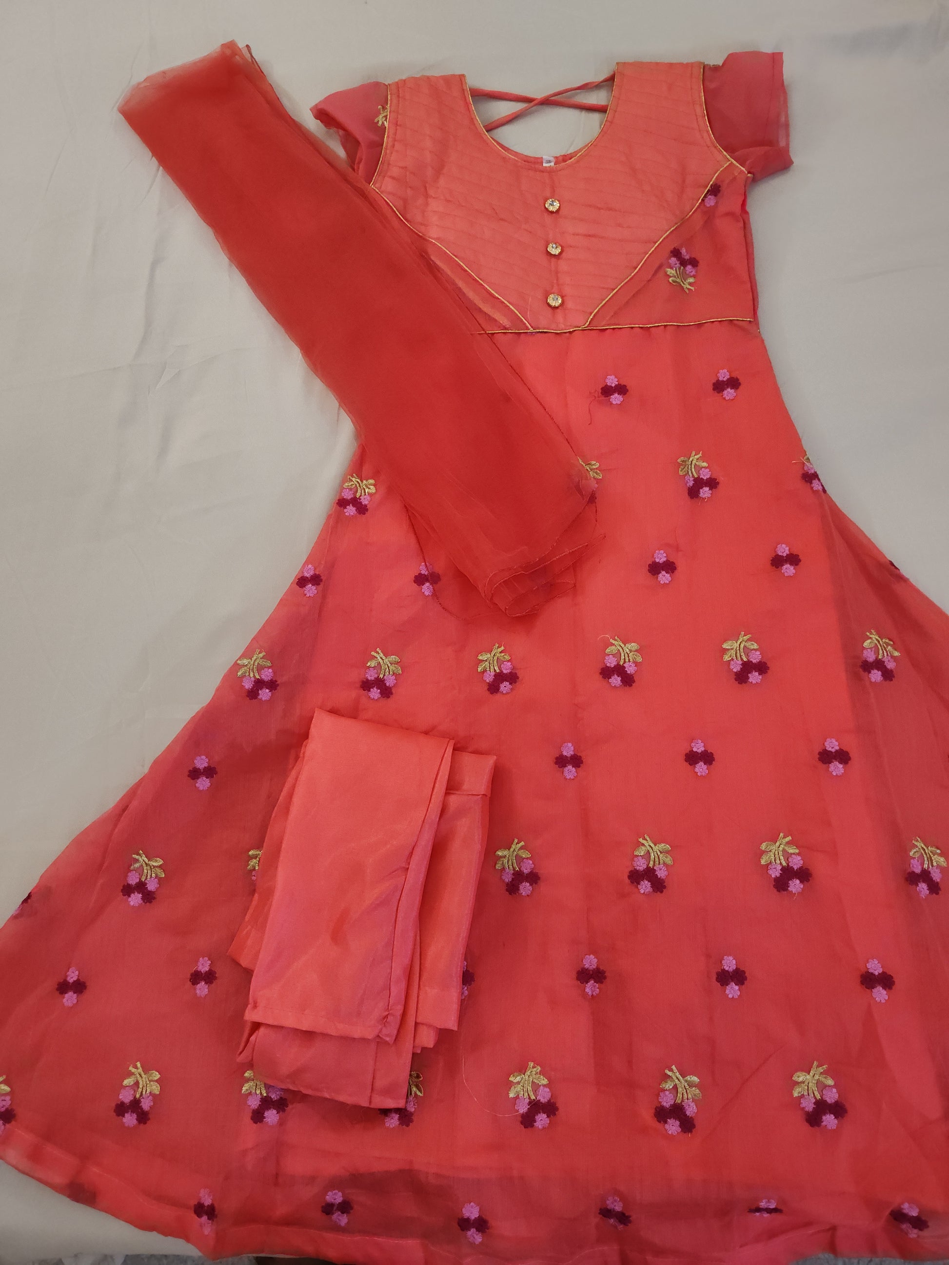 Bright Pink colored Suit With Bottom And Net Dupatta