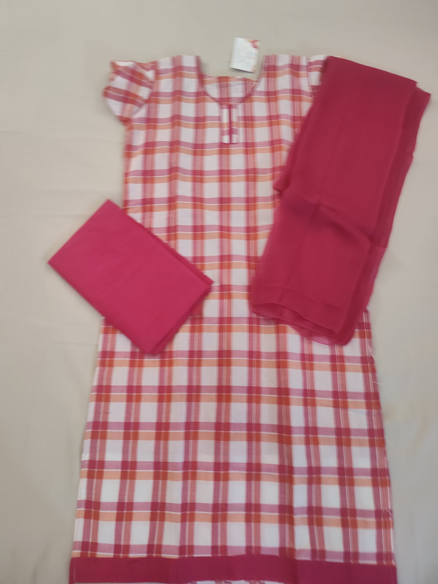 Attractive Pink And White Color Checkered Kurti Set With Bottom And Dupatta