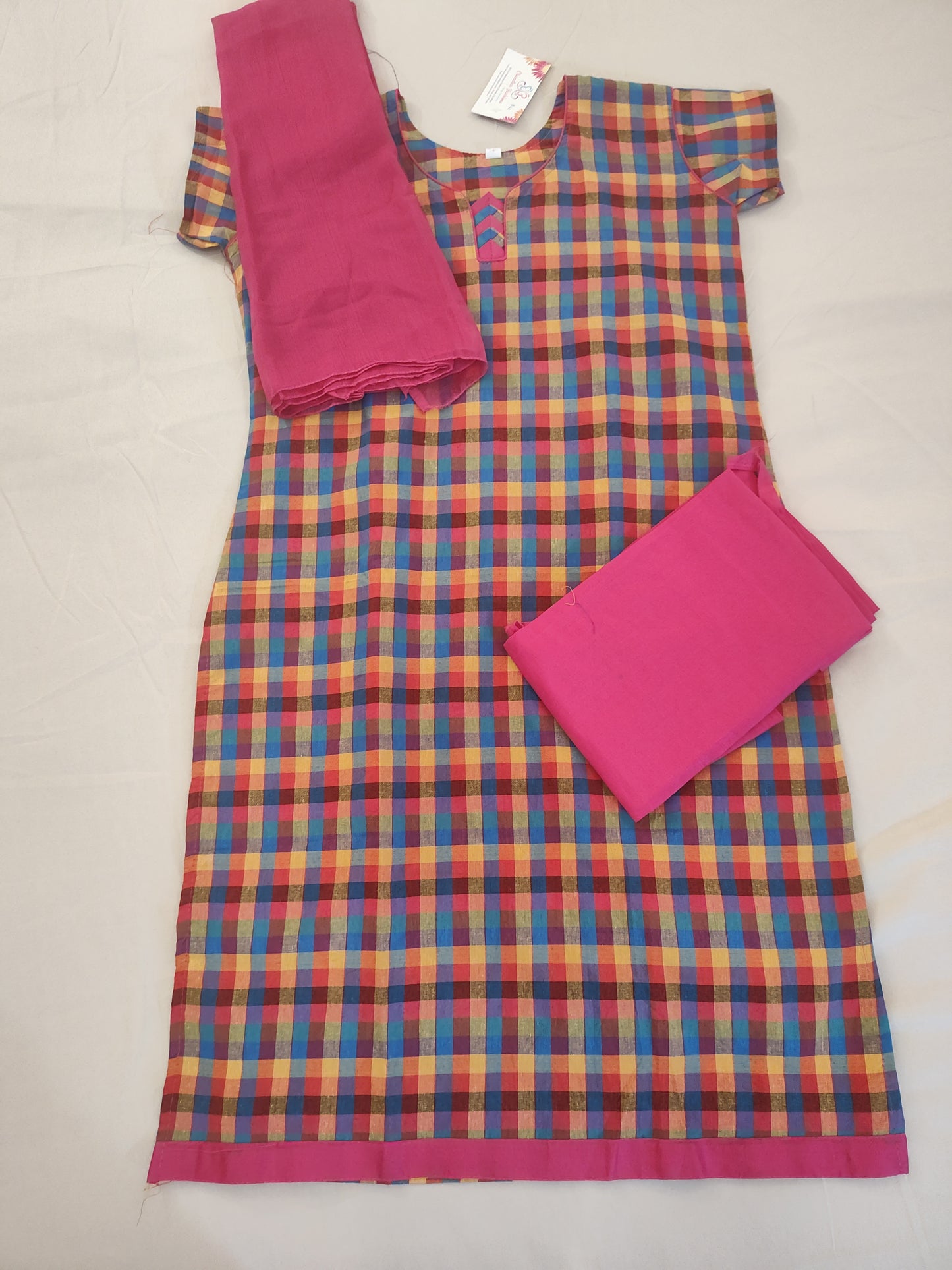 Gorgeous Multi Color Checkered Cotton Dress With Pink Bottom And Dupatta