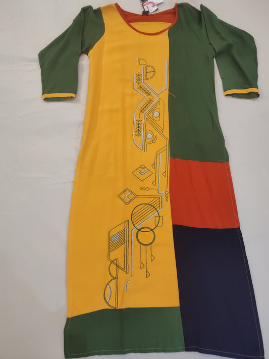 Dazzling Multi Color Cotton Kurti With Hand Printed Work