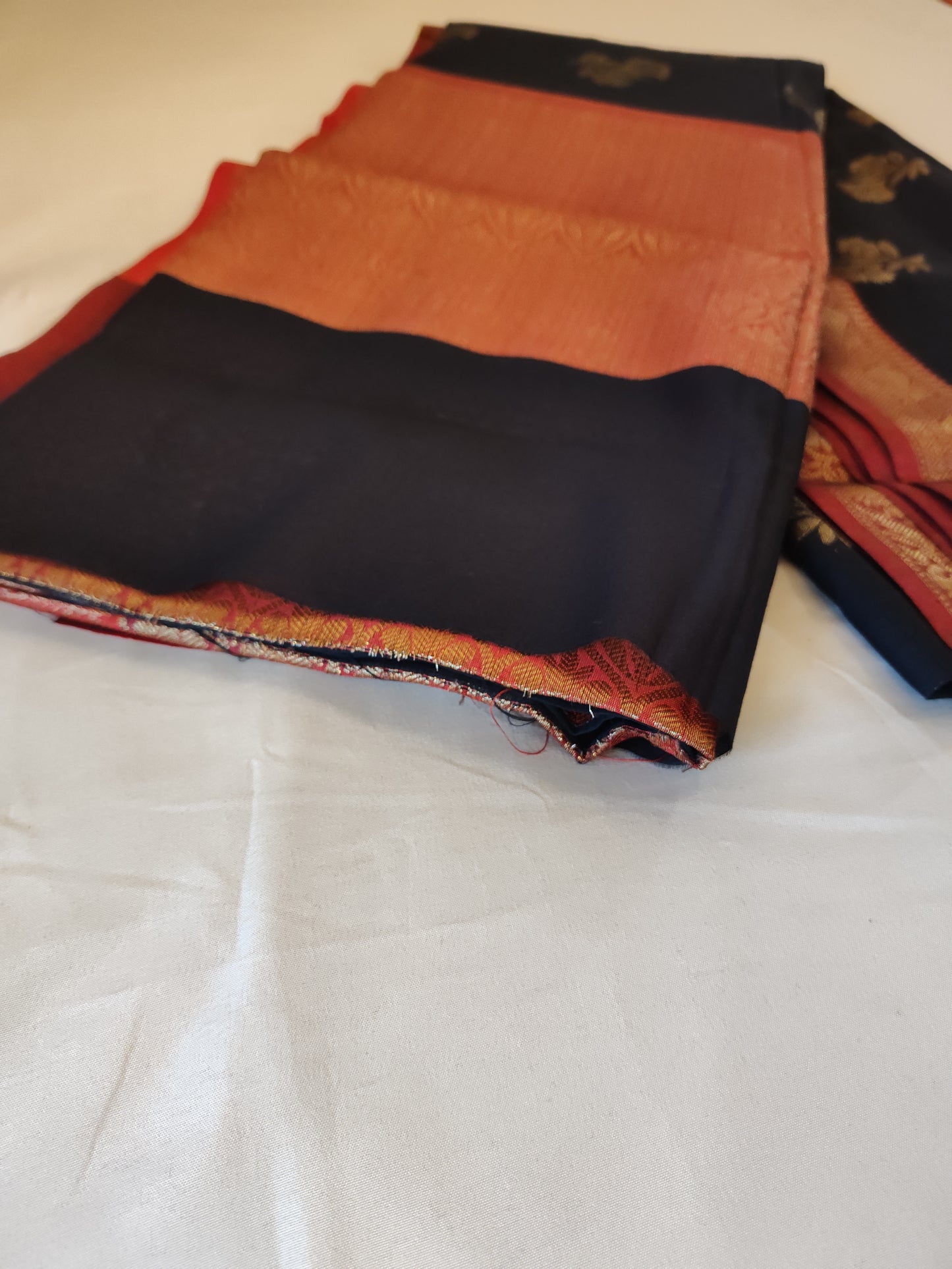 Black Cotton-Silk Saree With Gold Jari And Red Border Near Me