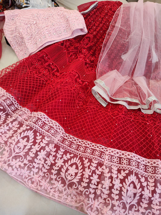 Gorgeous Baby Pink And Bright Red Lehenga Choli Set