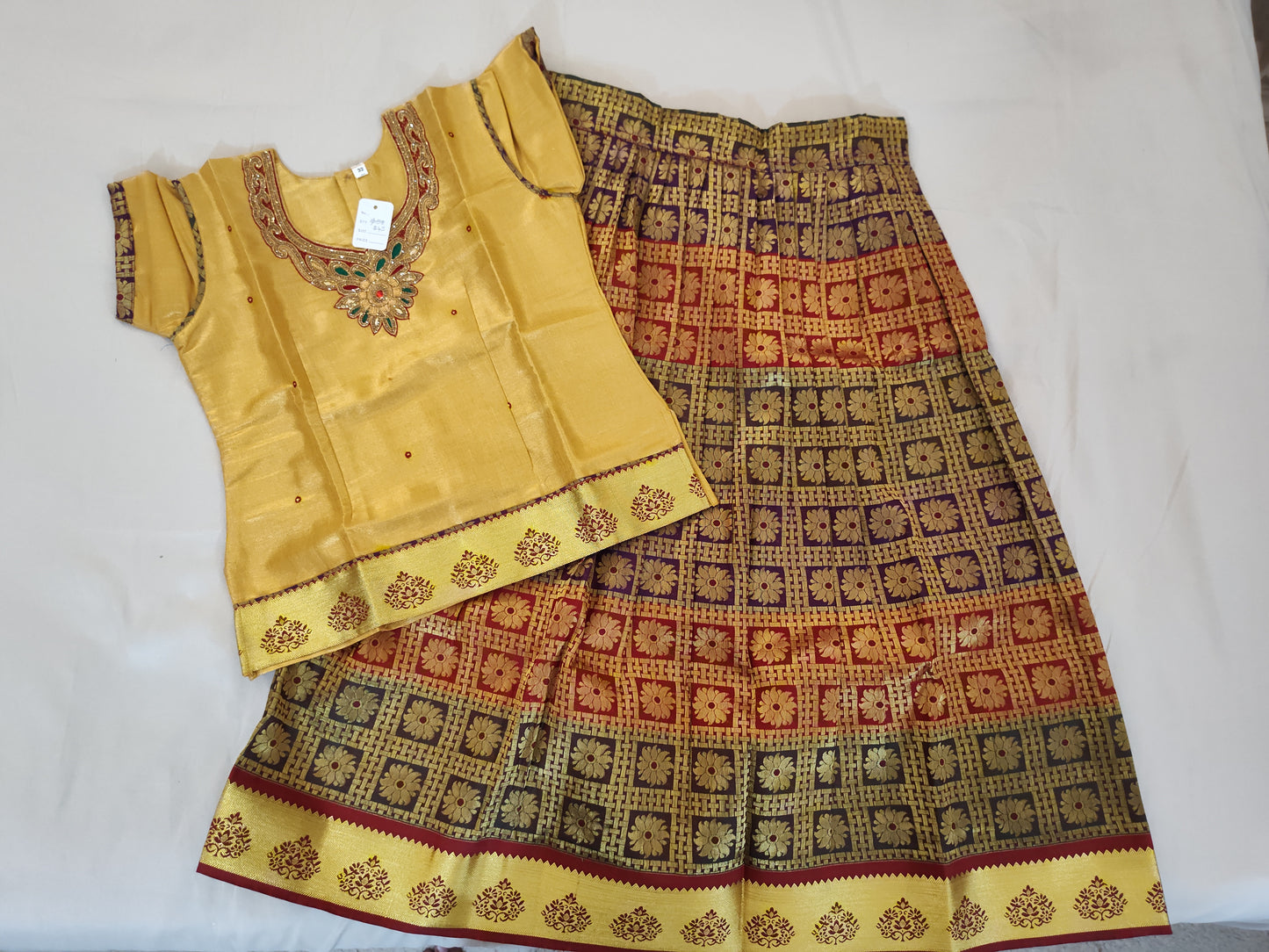 Grand Multicolor Banaras Silk Langa Set With Golden Blouse