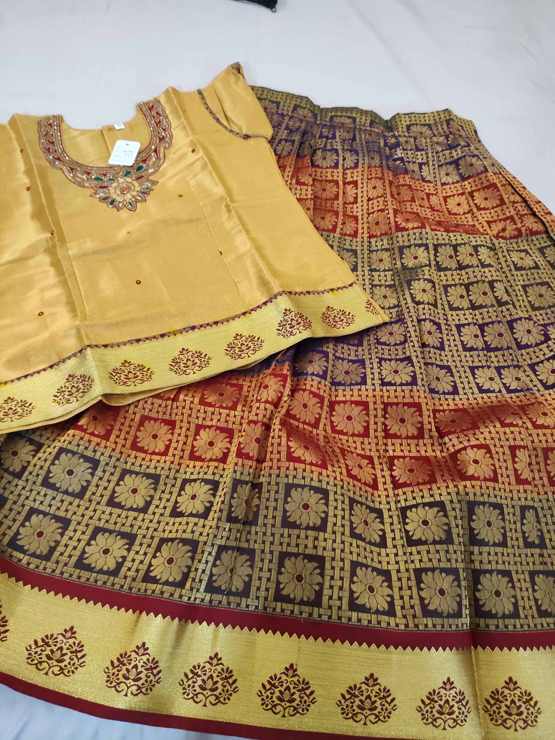Grand Multicolor Banaras Silk Langa Set With Golden Blouse Near Me