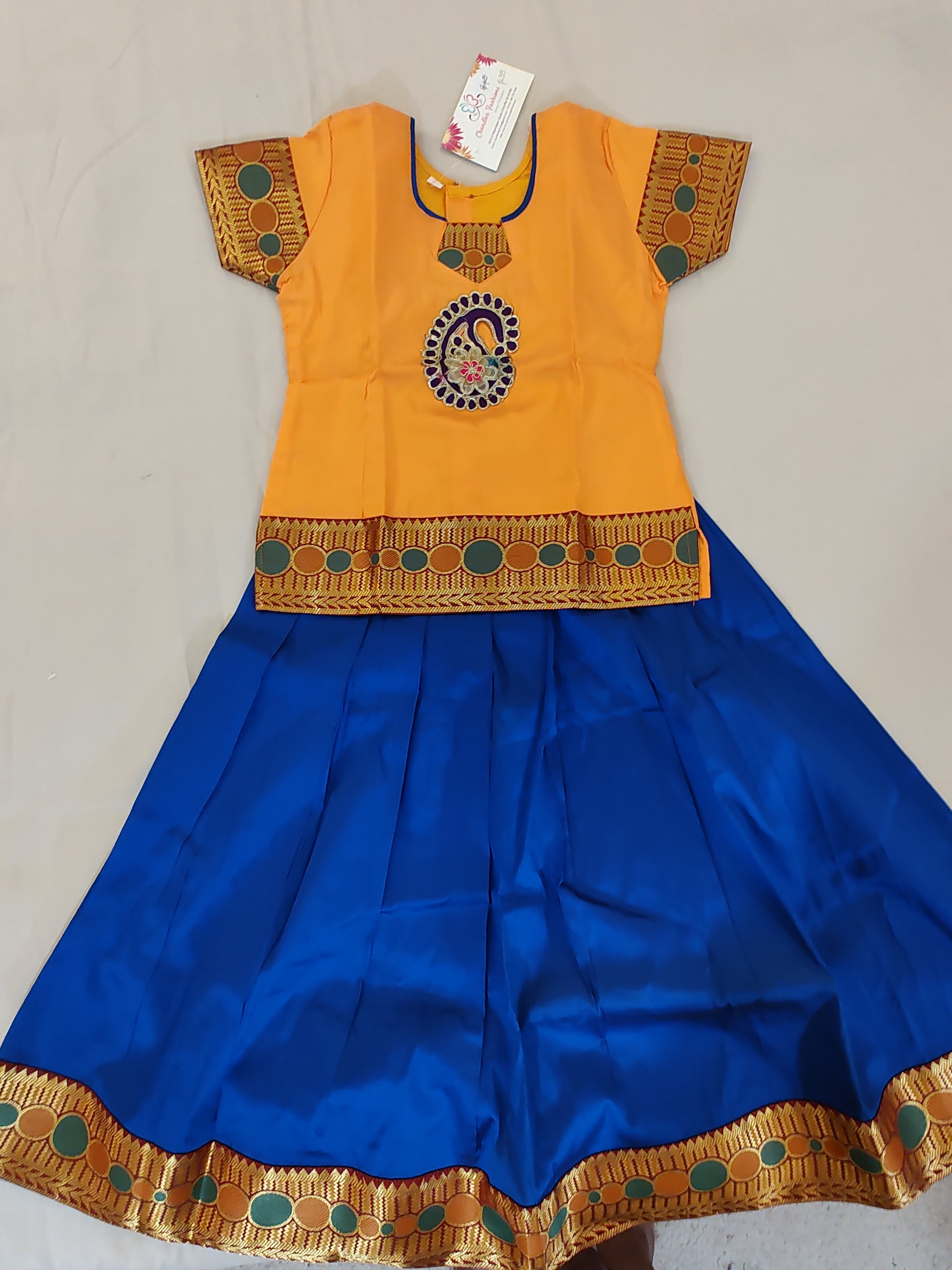 Attractive Blue Color Embroidery Work Silk Langa Set For Kids