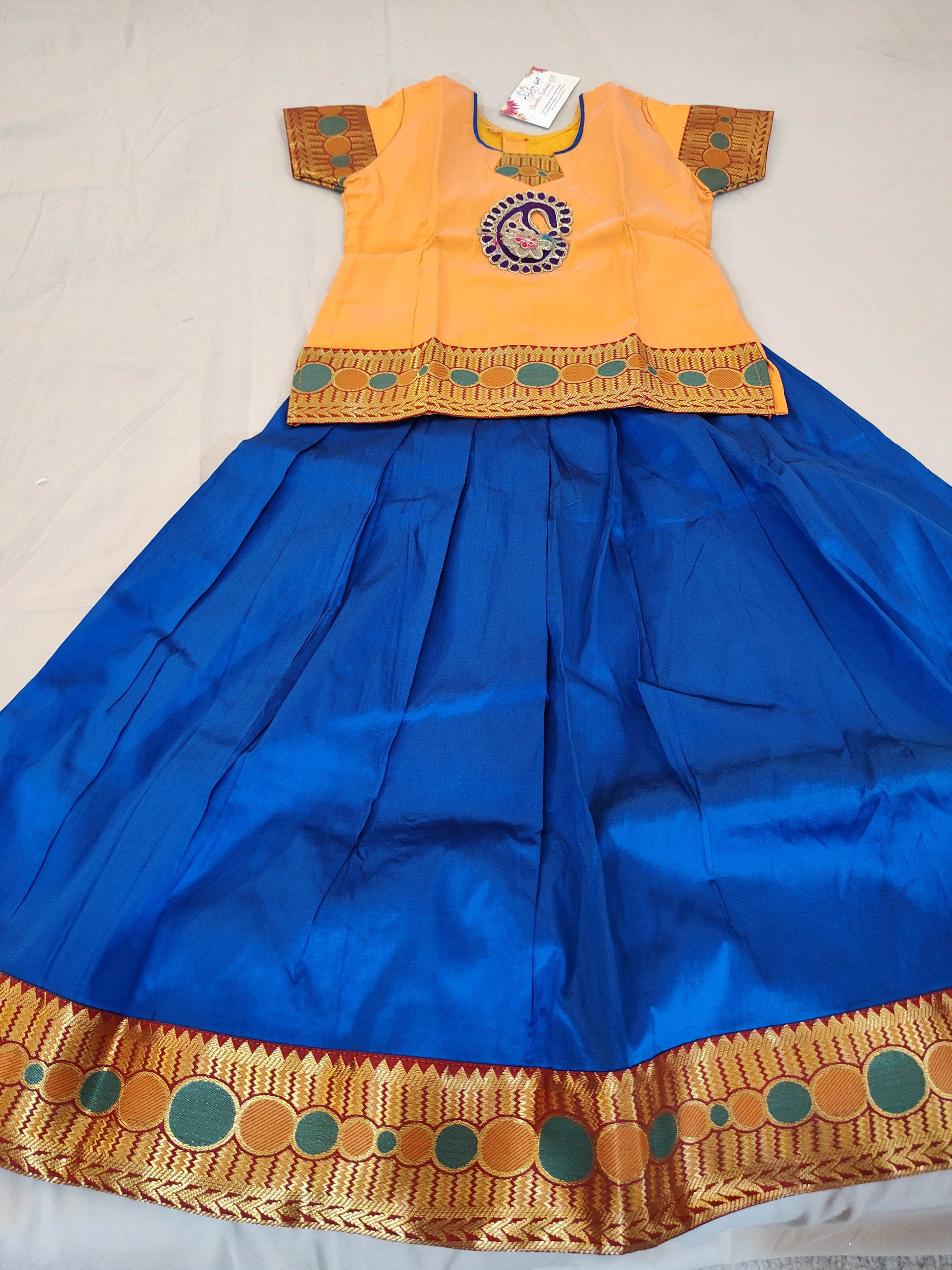 Attractive Blue Color Embroidery Work Silk Langa Set For Kids Near Me