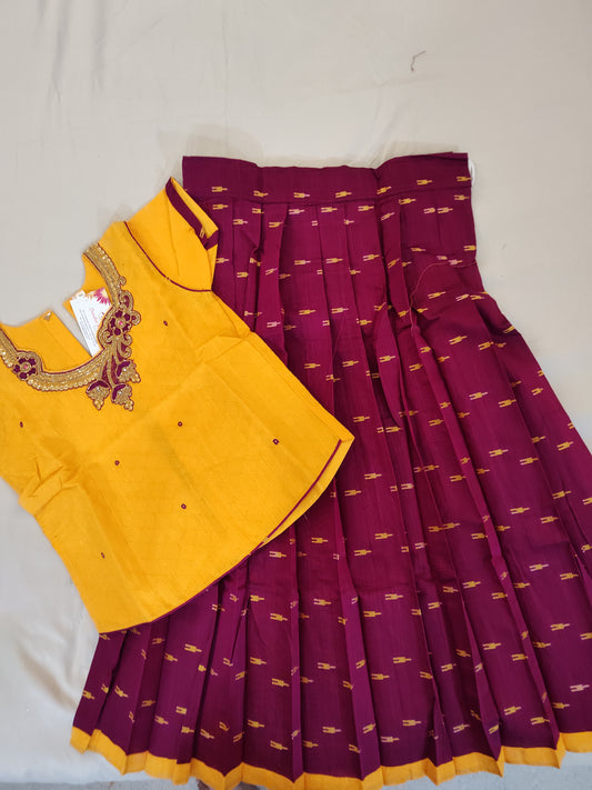Attractive Yellow And Purple Raw Silk Langa Set