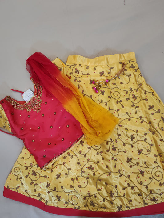 Beautiful Yellow And Hot Pink Lehenga Set With Embroidery Work