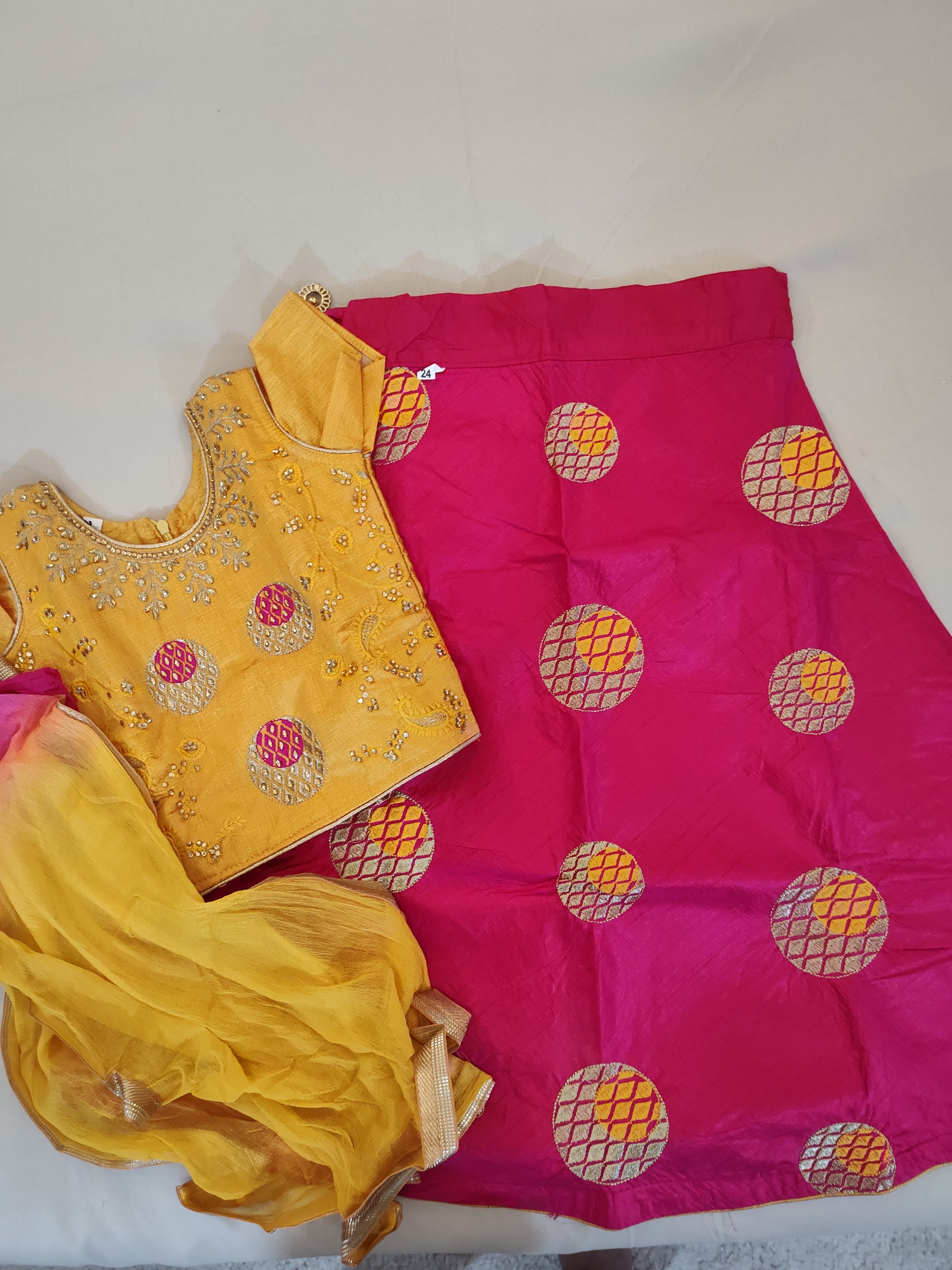 Gorgeous Yellow And Pink Lehenga Choli Set For Kids