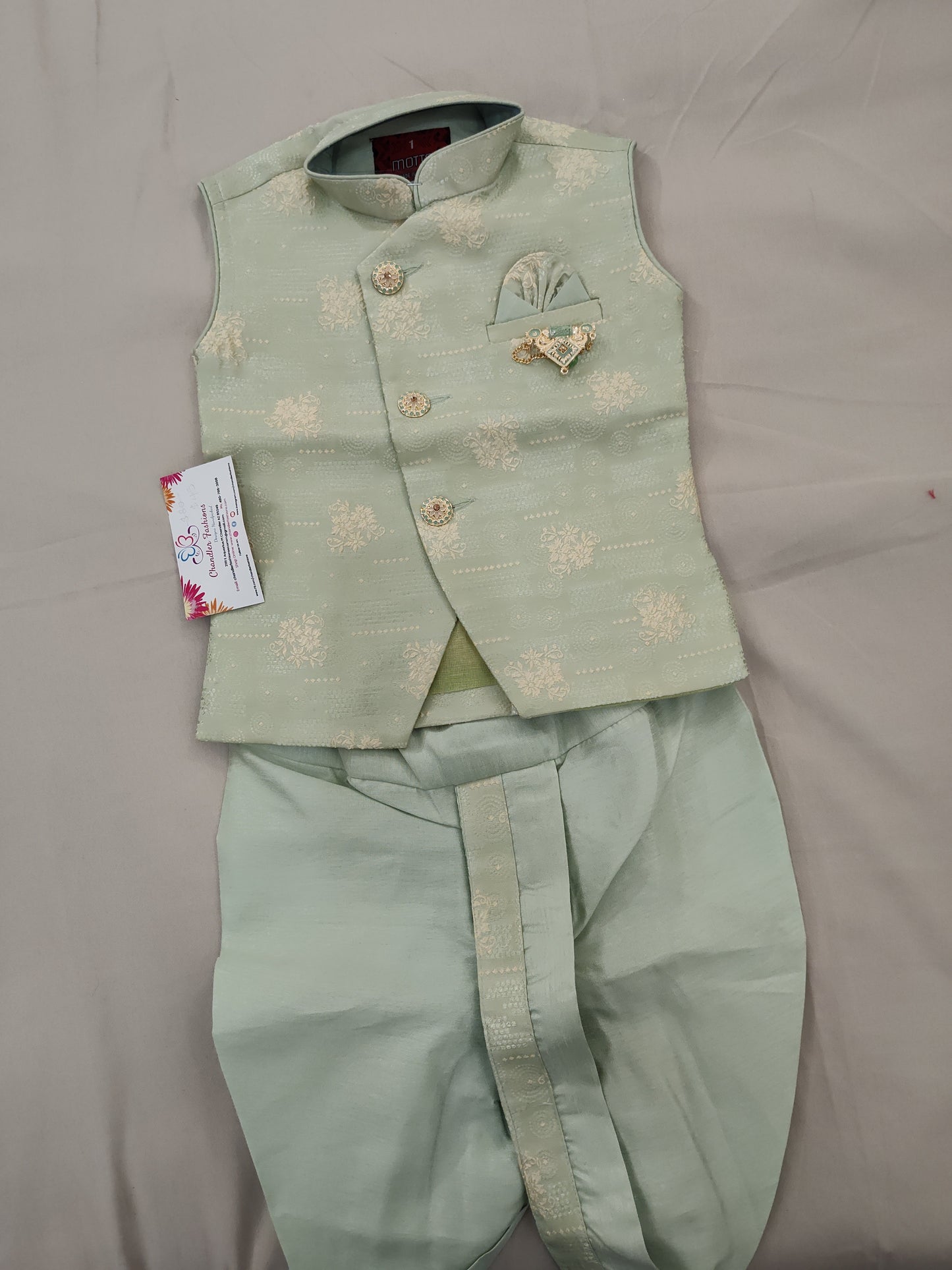 Appealing Light Green Color Kids Dhoti Style Pant With Brooch Pin Near Me