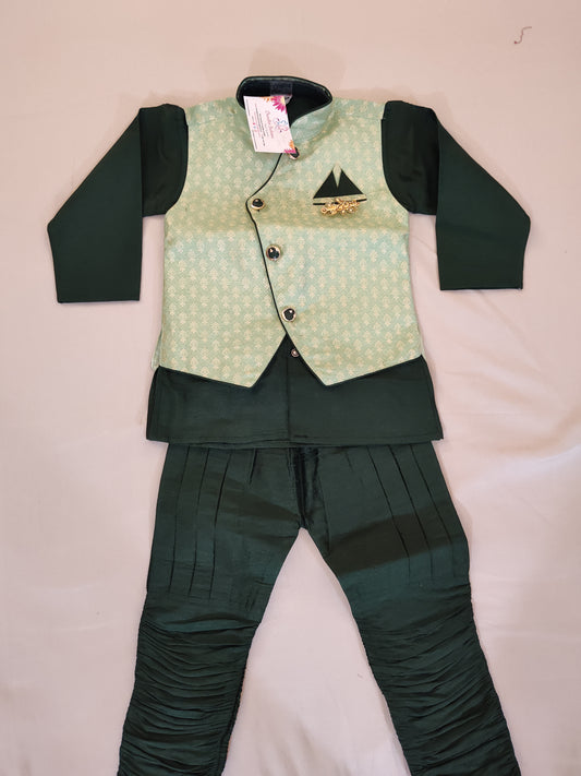 Traditional Boys Green Silk Cotton Kurta Pajama Pant