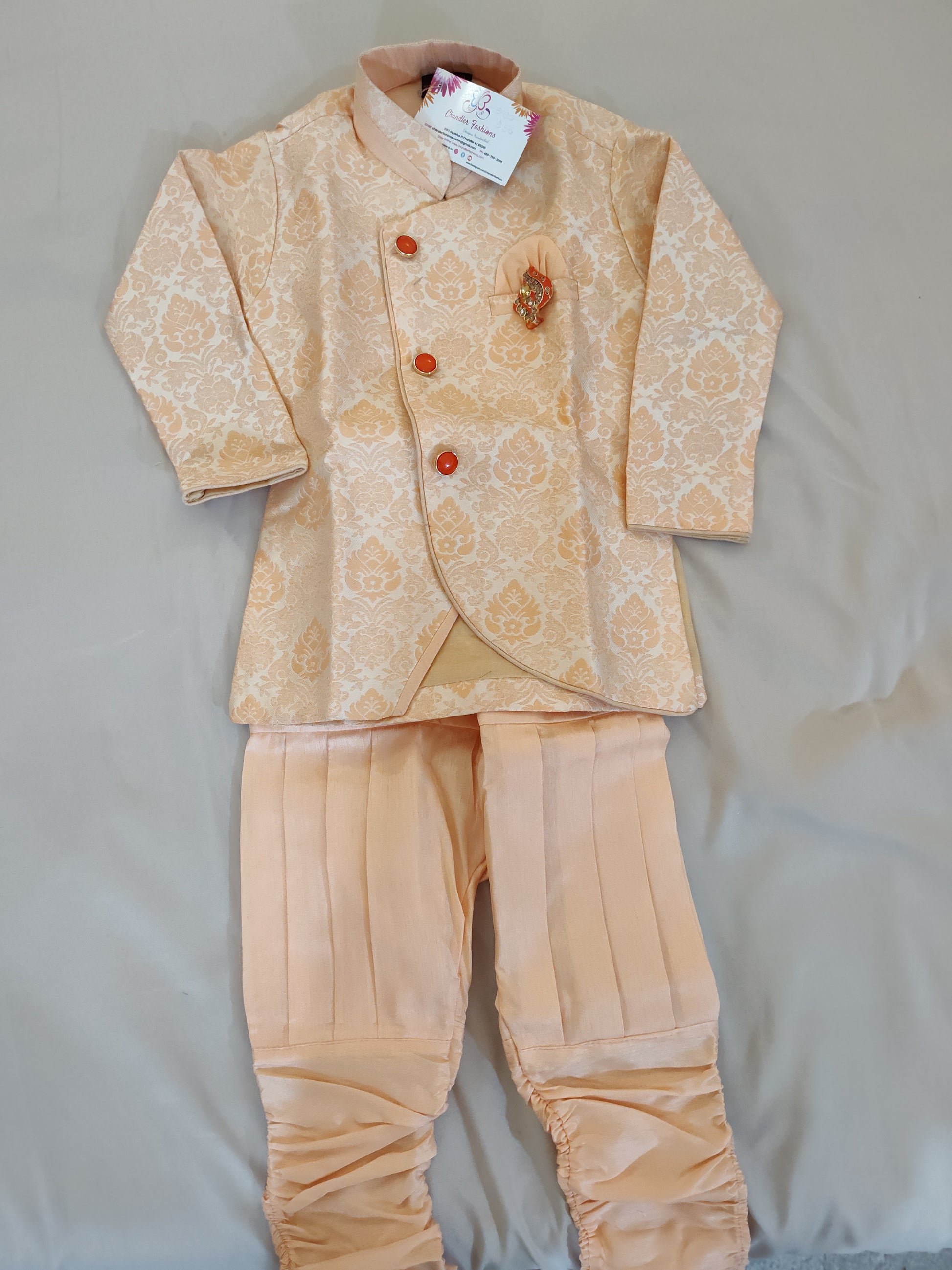 Beautiful Ethnic Kids Light Orange Silk Kurta Pajama Set With Brooch Pin