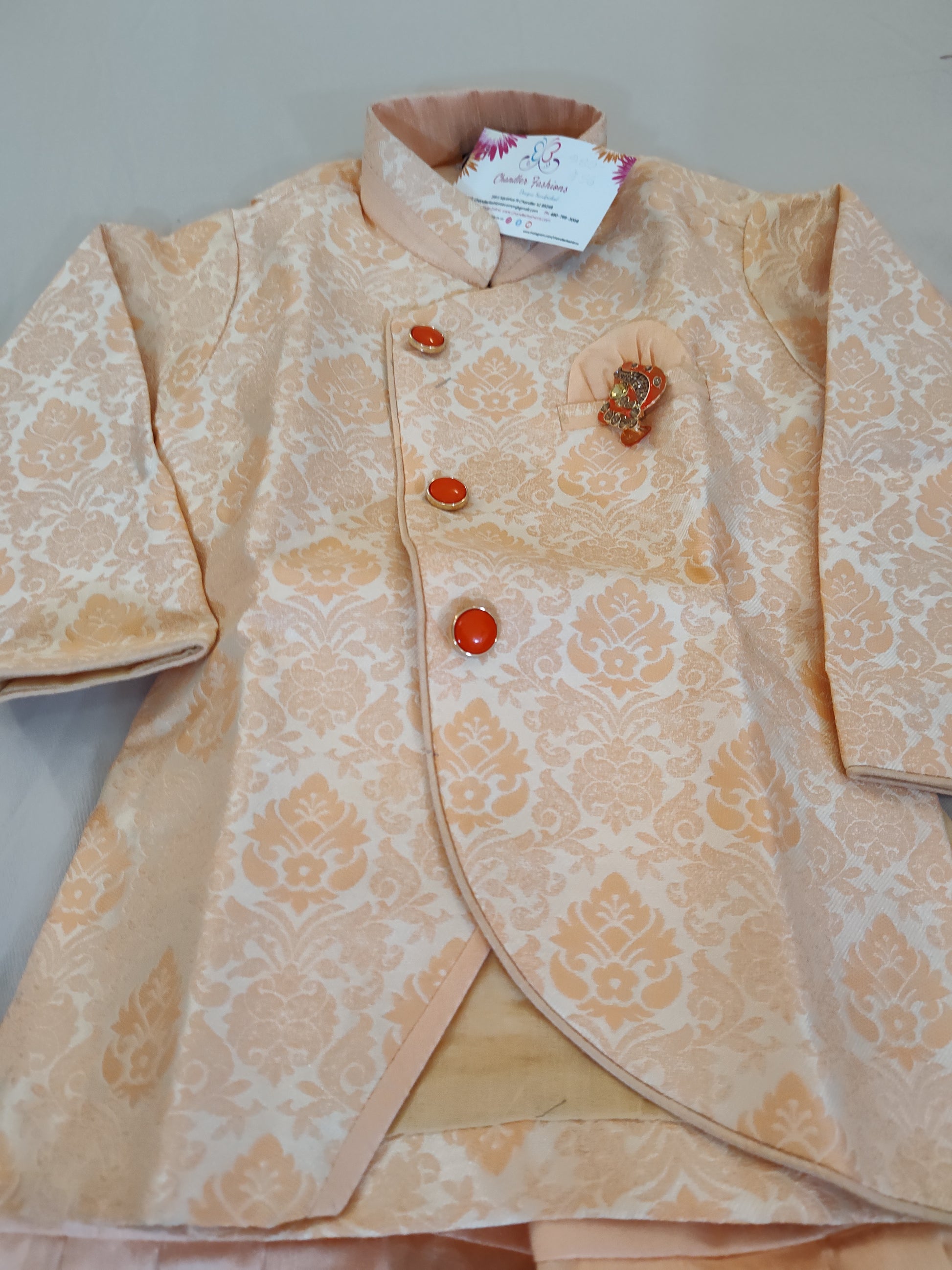 Beautiful Ethnic Kids Light Orange Silk Kurta Pajama Set With Brooch Pin In USA