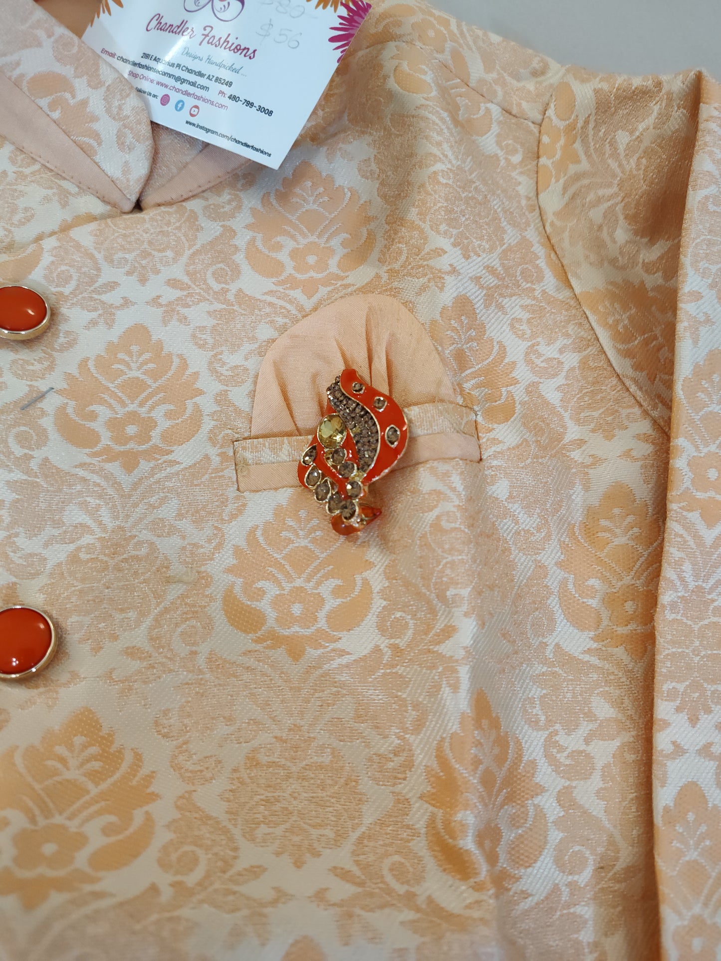 Beautiful Ethnic Kids Light Orange Silk Kurta Pajama Set With Brooch Pin In Chandler