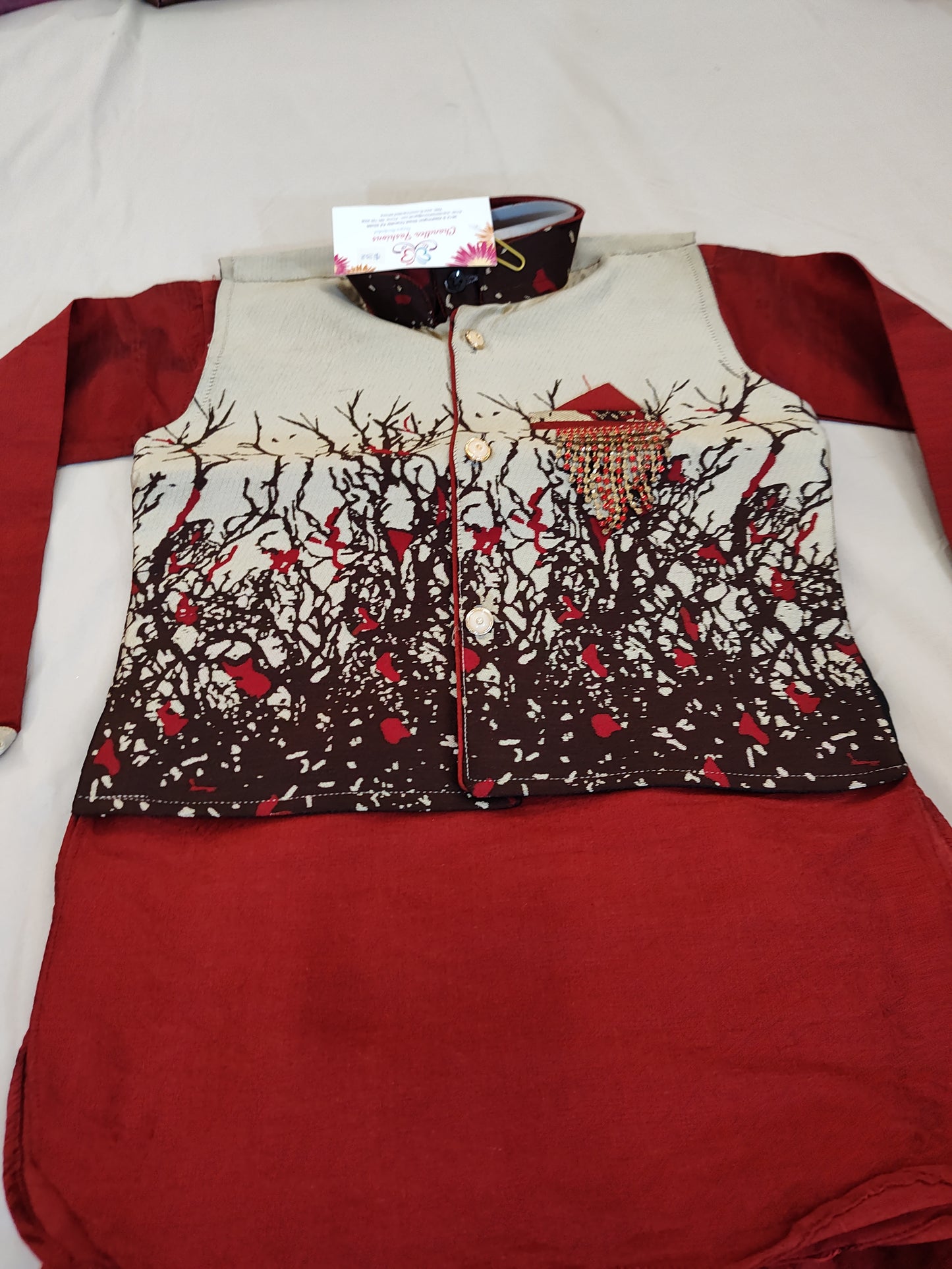 Beautiful Printed Maroon Color Kurta And Dhoti Style Pant With Brooch Pin In USA