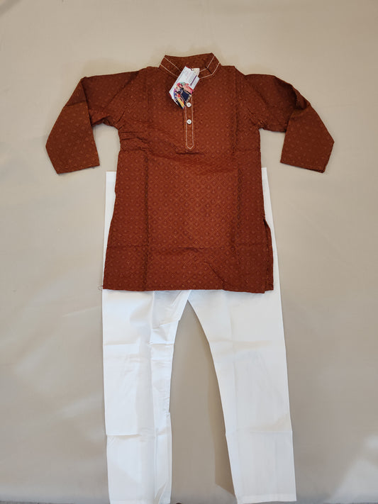Charming Brown Color Cotton Kurta With Pajama Pants For Kids