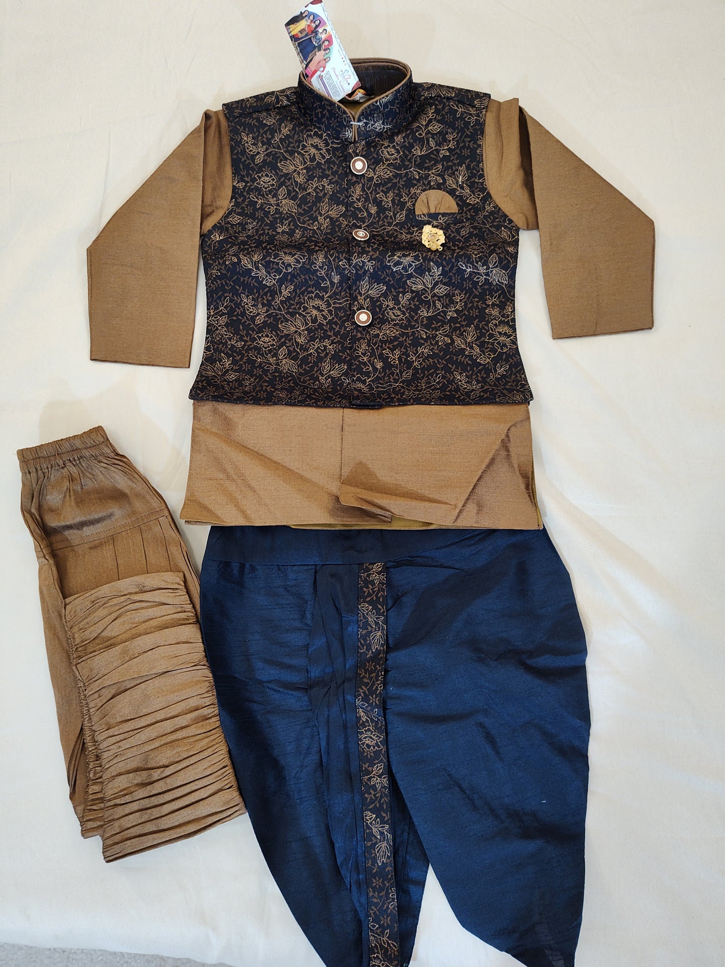 Gorgeous Brown Color Boys Silk Cotton Kurta Pajama Pant And Blue Dhoti Style Pant