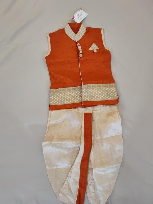 Beautiful Kids Orange Color Silk Kurta Set With Dhoti Style Pant